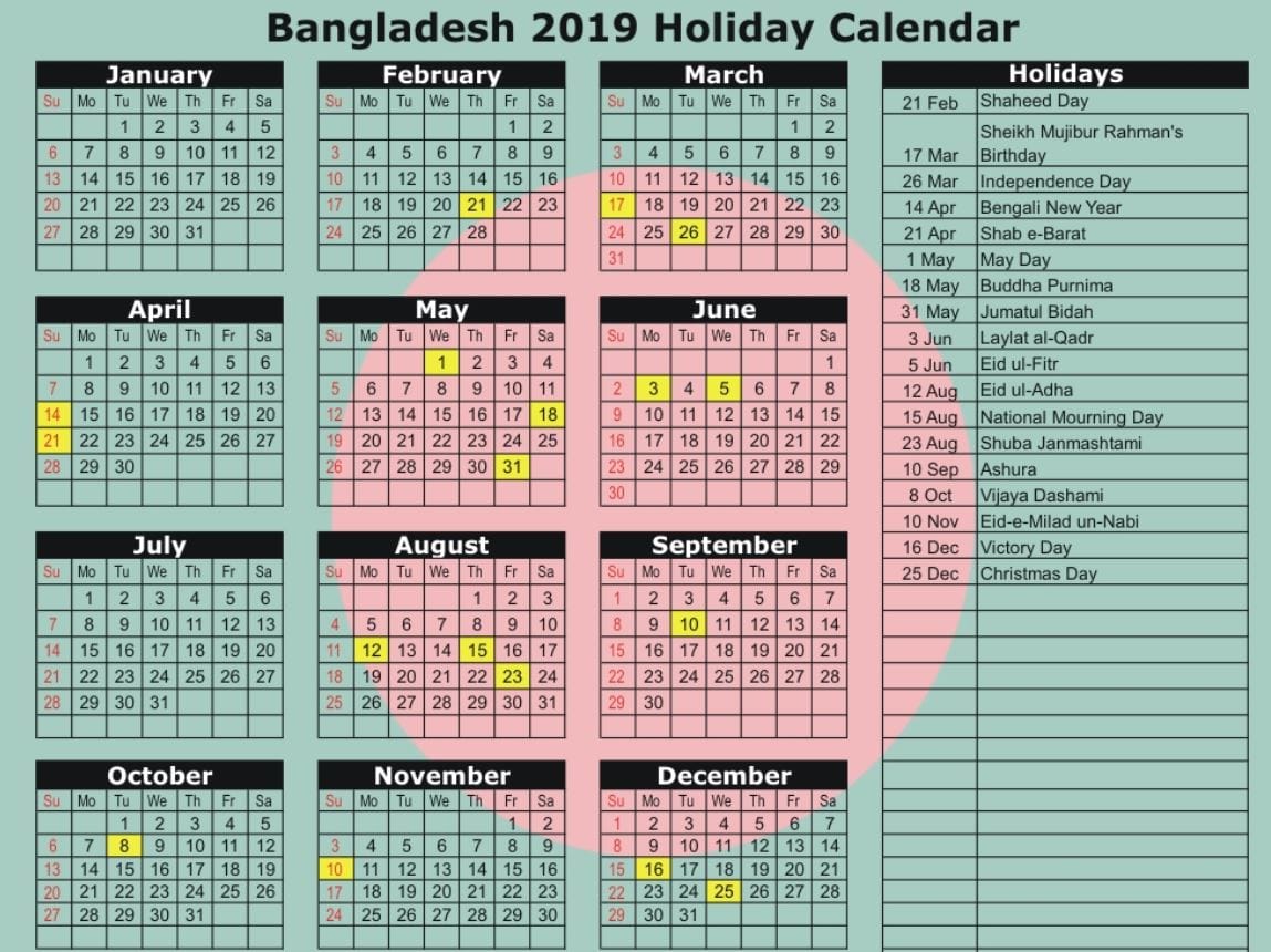 Bangladesh Public Holiday Calendar 2019 Photo