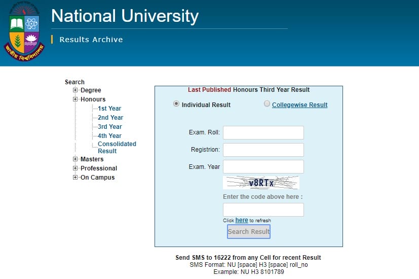 National University Honours 3rd Year Result