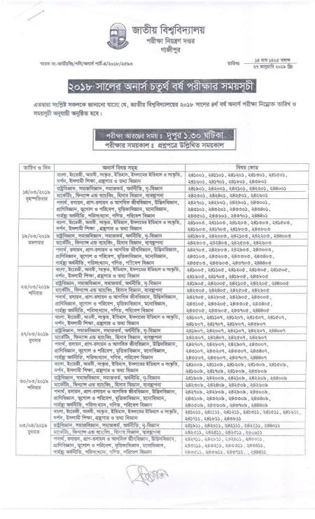 National University Honours 4th Year Exam Routine 2019