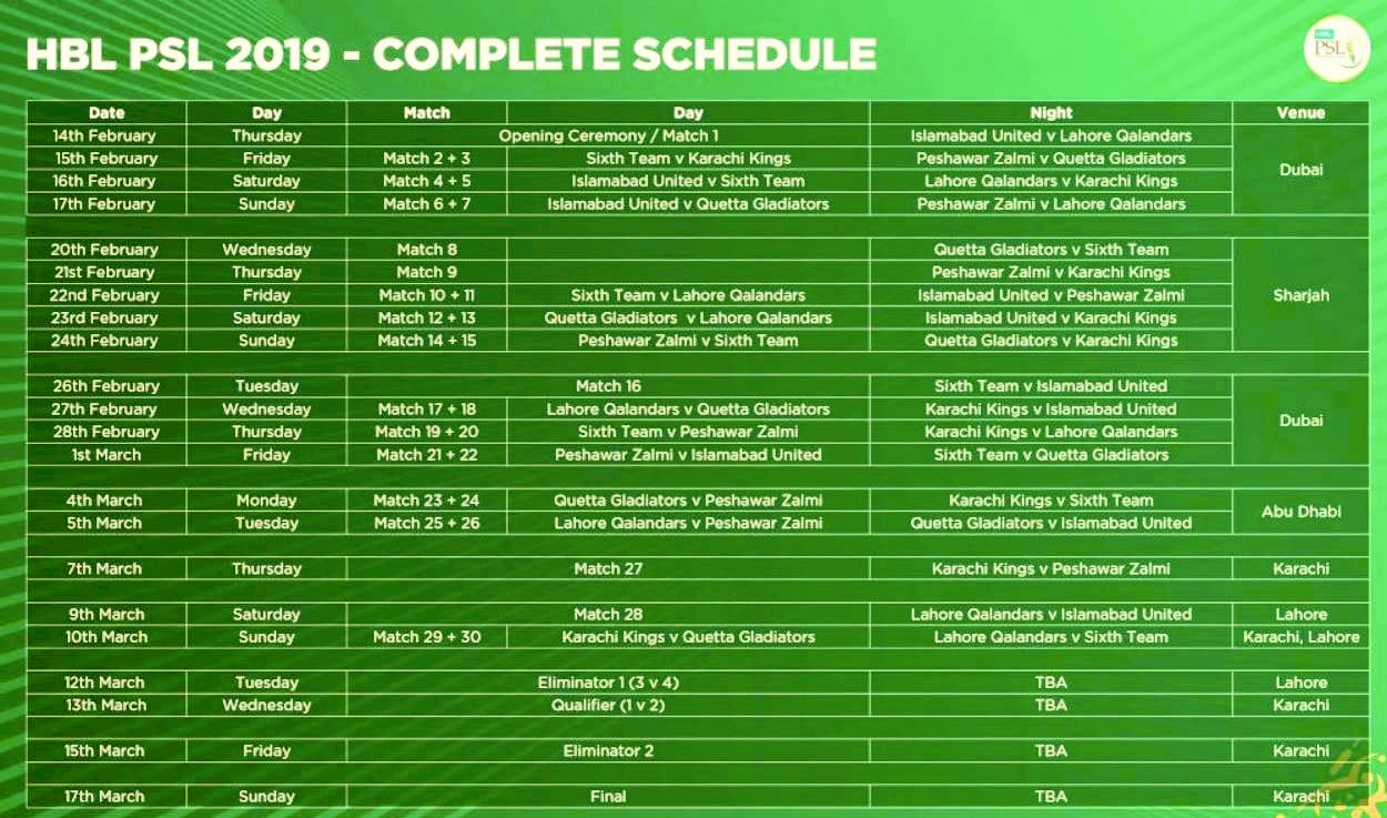Pakistan Super League Schedule, Fixtures And Timetable