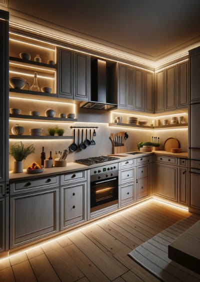 kitchen with strip lights