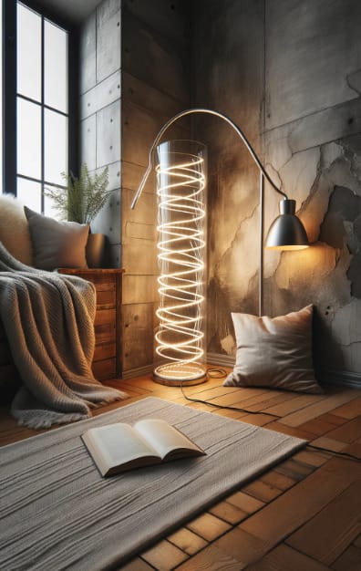 strip lights are coiled inside a transparent floor vase